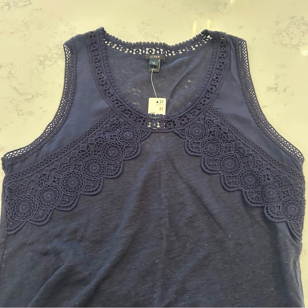 J. Crew Navy Blue Tank Top with Lace Trim - Size: XS - NWT